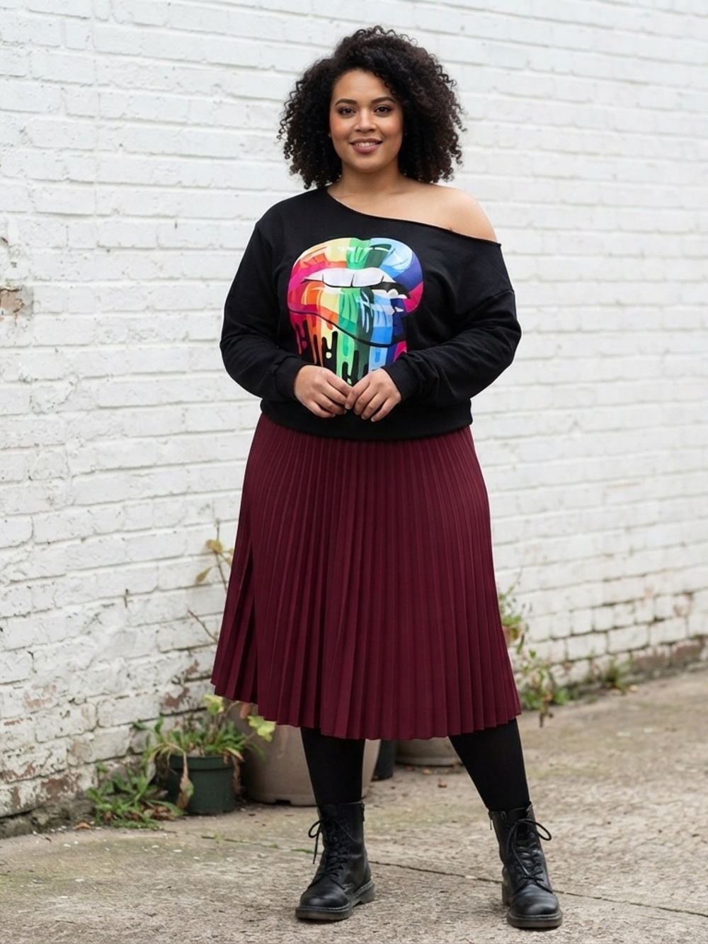 Oversized Black Rainbow Drip Lips Graphic Top Off Shoulder Pullover 4XL